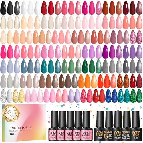 PEACECOLOR 60PCS Gel Nail Polish Set: Gel Nail Polish Starter Kit White Nude Glitter Red Colours with Base Coat and Glitter Matte & Glossy Top Coat Manicure Kit DIY Home Gifts for Women