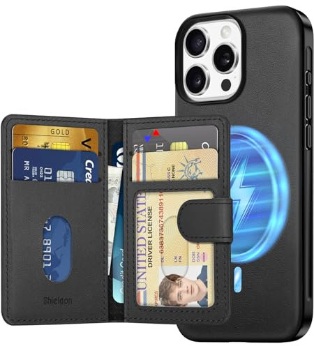 SHIELDON Wallet Case for iPhone 16 Pro Max 6.9, Genuine Leather Slim Detachable Magnetic RFID Blocking 6 Card Slots, Wireless Charging Protective Case Compatible with iPhone 16 Pro Max - Nappa Black