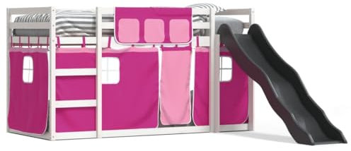 Gecheer Etagenbett Hochbett mit Lattenrost Kinderhochbett Doppelstockbett, mit Rutsche und Gardinen Rosa 90x190 cmn