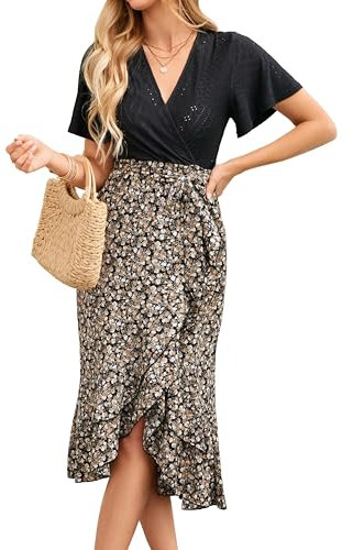 IFFEI Sommerkleid Damen Elegant Schlitz Boho Blumenkleid Leichte Knielang Freizeitkleid mit Gürtel Freizeitkleid Schwarz XL