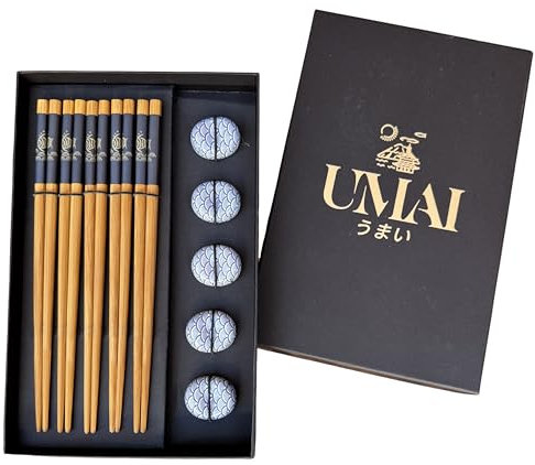 UMAI Set de Palillos Japoneses | Incluye 5 Pares de Palillos Reutilizables + 5 Soportes de Cerámica | Perfecto Para Comida China y Sushi | Estuche Elegante Ideal Para Regalo