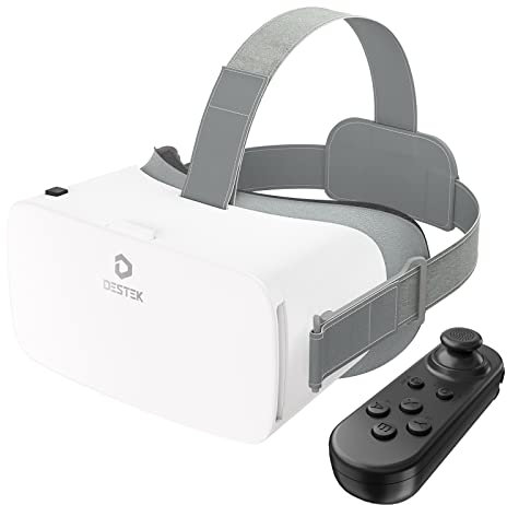 DESTEK V5 Gafas de Realidad Virtual para Teléfono, Lentes HD Antiblu, 110°FOV con Controlador Bluetooth, Gafas VR para iPhone, Samsung y Android (Pantallas de 4.7-6.8 Pulgadas) - Blanco