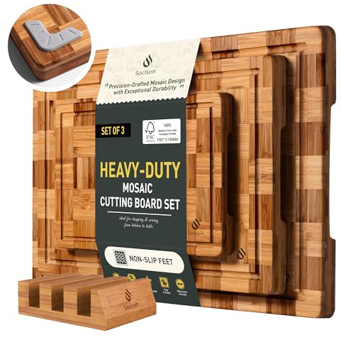 3 Pack Heavy Duty Bamboo Cutting Board Set Non Toxic Wooden Cutting Board for Kitchen Non Slip Solid End Grain Thick Wood Juice Groove Chopping Board Extra Large Butcher Block Best House Warming Gift