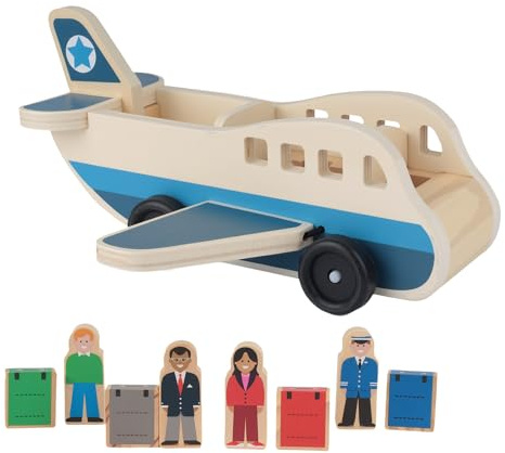 runpeak Flugzeug Spielzeug Holzspielzeug - Holz Reise Airplane Set, Kinder Airplane Spielzeug mit 4 Spielfiguren und 4 Koffer, Klassisches Holzspielzeug für Rollenspiel und Fähigkeitenentwicklung