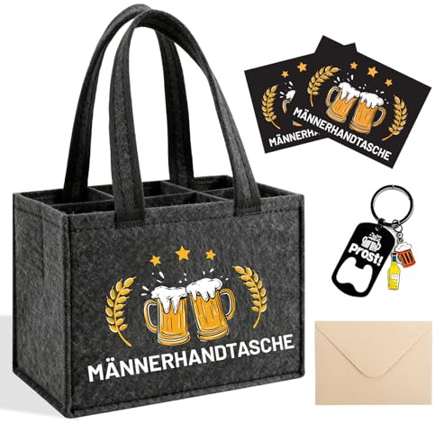 Bingqiling Biertasche aus Filz für 6 Flaschen mit Flaschenöffner Anhänger - Witziges Geburtstagsgeschenk für Männer, Kollegen, Vater - Inklusive Grußkarte