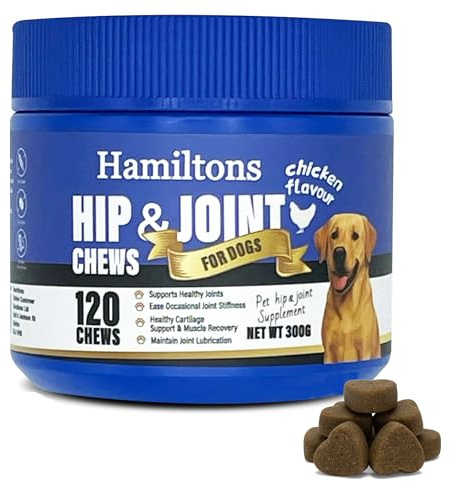 Hamiltons Hip & Joint Supplement for Dogs – 120 Soft Chews with Glucosamine, Chondroitin, MSM & Green Lipped Mussel – Joint Support & Mobility for Adult & Senior Dogs – All Breeds – Chicken Flavour