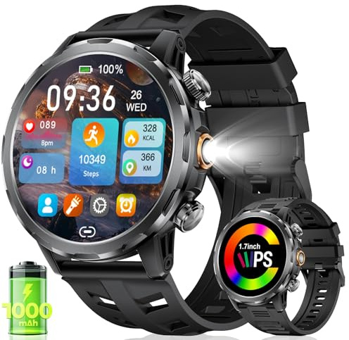 BENYAR SMART Montre Connectée Homme avec Appel Bluetooth 1000mAh, 1,7 HD Écran/LED Lampe/100+ Modes Sportifs, Surveillance Fréquence Cardiaque/SpO2/Sommeil IP68 Étanche Compatible Android iOS Noir