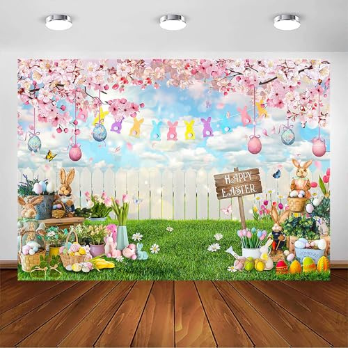Avezano Easter Photography Backdrop Cute Bunny Easter Eggs Portrait Backdrop Spring Cherry Blossom Background Decoration Photo Booth Props (7x5ft)