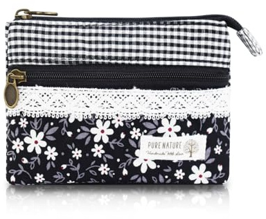 AfitLulu Kleines Portemonnaie Damen Canvas Geldbeutel Damen Klein, 2 Lagen Reißverschlusstaschen Mini Geldbörse Bohème-Stil Mini Portemonnaie für Münzen, Bargeld und Karten (Schwarz)