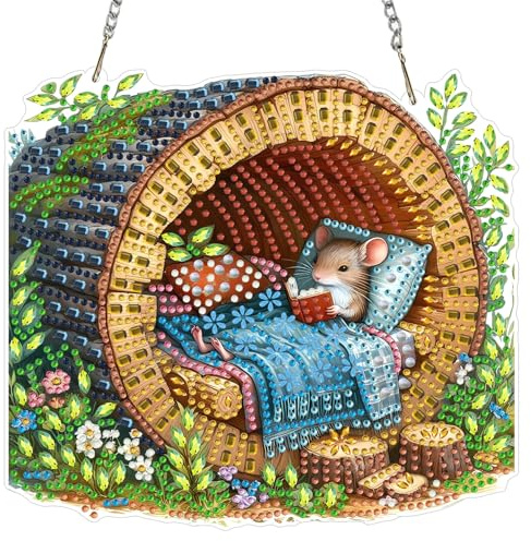 MAXBYE Maus Diamond Painting Fensterbilder Set für Erwachsene 20x20cm | 5D Diamond Painting Anhänger mit Kette, DIY Diamantmalerei Hanging Both Sides Hängende Ornament Für Fenster Wand Decor