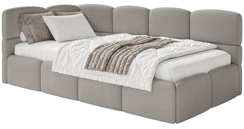 Selsey Jugendbett 120x200cm Hellbraun Chenille Stoff mit Matratze und Lattenrost, Polsterbett mit Stauraum und Bettkasten, gepolstertes Kinderbett 120x200, Jugendbett linksseitig mit Eckkopfteil