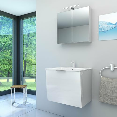 AcquaVapore by Sandra Jentho Badmöbel Set Gently 1 V1 Weiß MDF Waschtisch 60cm JA mit 1x 5W LED / 1x Energiebox