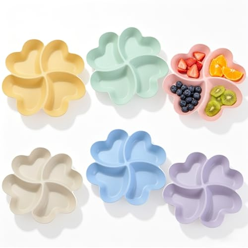 BJHYIZ 6 piatti per snack con scomparti, a forma di cuore, riutilizzabili, in plastica, con suddivisi, piatti per frutta, dessert, snack, casa, feste, buffet