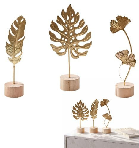 Ginkgoblatt Statue Deko, 3 Stück Goldene Deko Blätter, Ginkgo Blatt Gold, Monstera & Feder Metall Skulpturen mit Holzsockel, Gold Desktop Skulptur Deko für Home Büro Schlafzimmer Wohnzimmer