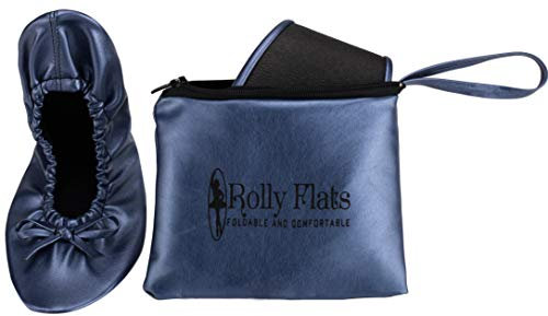 Women's Foldable Flats – Portable Ballet Slippers Shoes for Travel, Wedding – Fits in Purse, Navy Blue, Medium