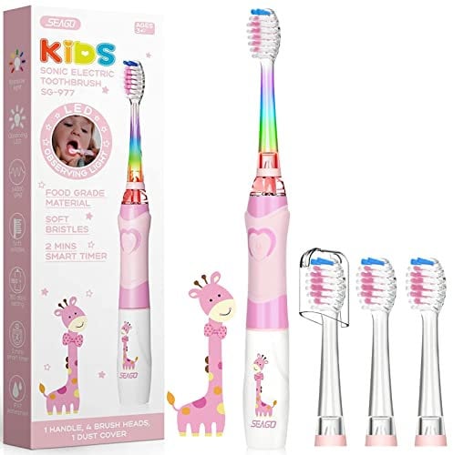 Seago Elektrische Zahnbürste Kinder ab 3-12 jahre Kinderzahnbürsten mit Farbigem Licht Smart Timer 4 Weich Bürstenköpfes Wasserdicht Baby Schallzahnbürste für Mädchen Jungen SG-977 (Rosa)