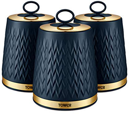 Tower T826091MNB Empire Kitchen Storage Canisters, Tea, Coffee, Sugar, Set of 3, Midnight Blue