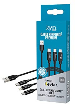 JAYM - Cable Premium 1,5 m - USB-A vers 3 Sorties : Lightning, Type-C et Micro USB - Garanti à Vie - Ultra renforcé - Longueur 1,5 mètres
