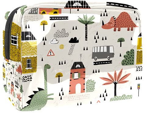 Borsa cosmetica portatile di trucco per le donne - Borsa organizzatore della chiusura lampo di bellezza di viaggio del PVC (Dinosaurs House Bus Tree)