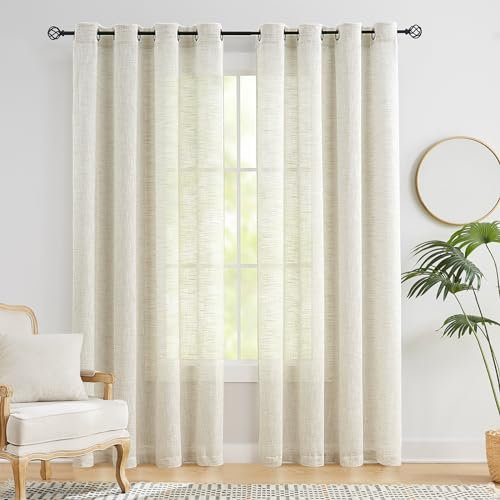 Treatmentex Leinen Gardinen mit Ösen 140cm Breite Slub-Textur Halbtransparent Ösenvorhang Gardinen Beige Leinenoptik Lichtdurchlässig Vorhänge für Schlafzimmer Bauernhaus Wohnzimmer-2 Stücke,140x225CM