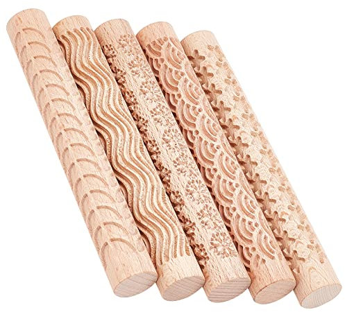 GORGECRAFT 5 Styles Holzgriff Clay Texture Roller 6 Zoll Modelliermuster Töpferwerkzeuge Handgefertigte Clay Slab Rollers Pins Für Keramikgebäck Kekse Oder DIY-Projekte