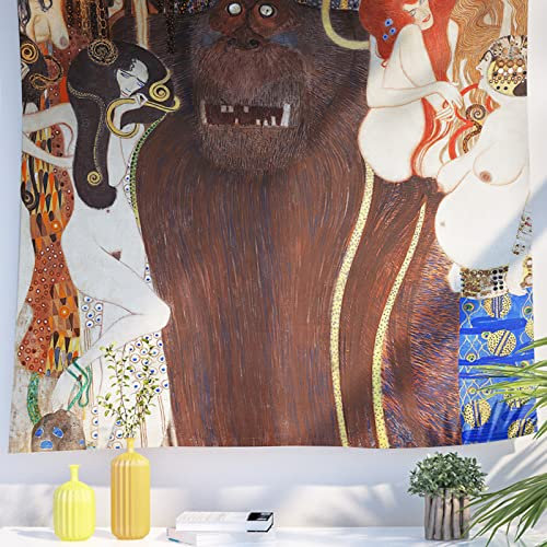Berkin Arts Decor Wandteppich zum Aufhängen, Hintergrund aus hochwertigem Polyesterstoff Maximalismus Beige religiös 130 x 150 CM (Gustav Klimt-Die feindlichen Mächte)