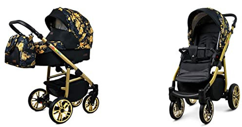 BabyLux Color Lux 2-in-1 Baby Kinderwagen Tief und Kinderwagen mit Zubehör Verstellbar und faltbar Aluminiumkonstruktion Wasserdichte Nicht abnehmbare Räder Gold Jungle Gold Frame