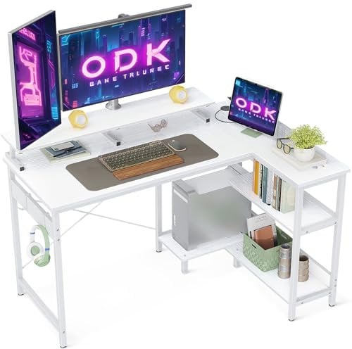 ODK Escritorio Esquinero, Escritorio en Forma de L con Estantes Reversibles, Mesa Escritorio Escritorio de Ordenador con Soporte de Pantalla para la Oficina (Blanco,120x80x88cm)