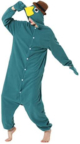 RANSUU Schnabeltier Kostüm Onesie Tier Jumpsuit Einteiler Costume Damen Herren Pyjama Halloween Schlafanzug Erwachsene Karneval