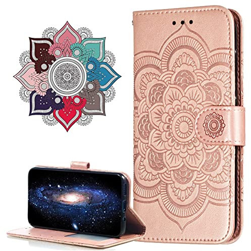 IMIRST Flip Case for iPhone 15 Plus PU Leather Wallet Closure Embossed Shockproof Cover with Kickstand Card Slots Holder for Apple iPhone 15 Plus. LD Mandala Rosegold