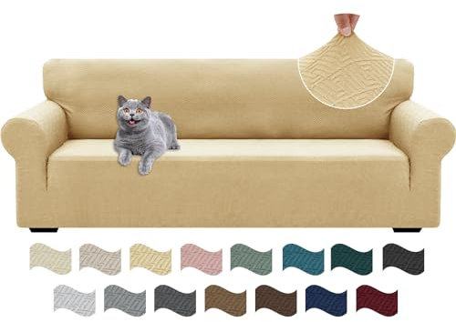 Ystyle Stretch Sofa Überzug 4 Sitzer, Sofabezug rutschfest Mit Armlehne, Elastische Couch Überzug Jacquard, Universal Sofa Cover Moderne, Sofaschoner Hund Katze Für Wohnzimmer, Beige Gelb