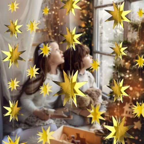 4pz Ghirlanda Natalizia Festone Stelle Dorate da Appendere al Soffitto Natale, Stelline 3D Decorazione Albero di Natale Finestra Compleanno Capodanno Addobbi Allestimento Feste