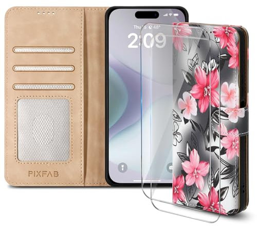 PIXFAB Case for iPhone 16 with 2 x Screen Protector Tempered Glass, Leather Wallet Phone Case, Magnetic Book Flip Folio Cover [RFID Protection & Card Slots] and [Kickstand] - Flower