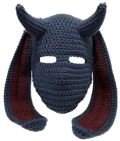 WUODHTW Gestrickte Sturmhaube für Damen und Herren, mit Hasenohren, lustige Hörner, Ski-Schal, Winter, warm, Halloween, Strickmütze, Totenkopf-Mütze, Blau-graue Hornohren, M