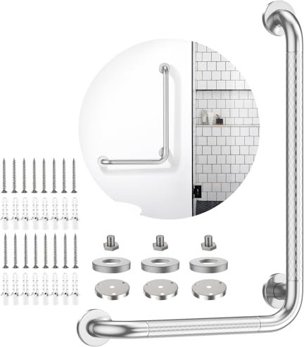 iHansee Haltegriff aus poliertem Chrom, 40,6 x 61 cm, mit rutschfestem gerändeltem Griff, Wandhalterung, L-förmiger Duschgriff für ältere Menschen, Senioren, Behinderte, WC, Badewanne,