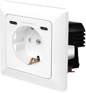 LogiLink PA0331 - Unterputz-Steckdose, 1x Schutzkontaktbuchse (CEE 7/3), 2x USB-C mit PD (Power Delivery), Einbautiefe: 29,5 mm