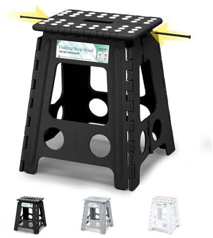 Heimwohl Tritthocker Klappbar 40cm Schwarz, 2025 Upgrade Klapphocker Faltbar mit 150kg Tragfähigkeit, Falthocker mit Sicherheitsverriegelung & Drehgriff, Ideal für Zuhause, Büro, Draußen, Pferdepflege