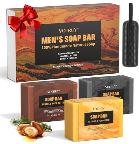 Natürliche Seife für Männer, 3 Stück Natürliche Handmade Peeling Seife, für Gesicht, Körper und Rasur,Tiefenreinigung Badeseife - Sandelholz & Holzkohle & Kurkuma, Geschenke für Männer, 420g