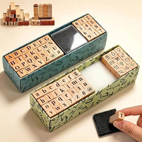 BXUUXA Buchstaben Stempel Set 80-Teilig mit Alphabet Zahlen Symbolen | Holzstempel mit Groß- und Kleinbuchstaben, Stempelkissen und Sonderzeichen für Scrapbooking, Karten und DIY