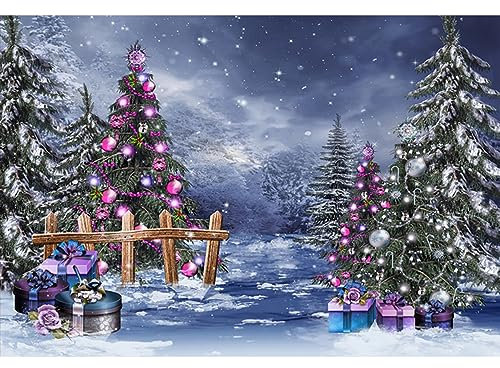 YongFoto 3x2m Foto Hintergrund Weihnachtsweihnachtsbaum hölzerne Zaun Geschenk Kasten Bälle, die blauen Himmel schneien Winteransicht Fotografie Hintergrund Photo Party Kinder Hochzeit Fotostudio