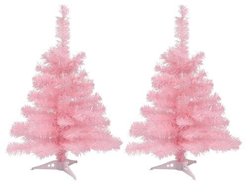 Harbour Housewares 2ft Christmas Trees - 58cm / 2ft - Pink - Pack of 2 - Indoor Desktop Small Xmas Tree Pine Artificial Christmas Tree with Stand Mini Tabletop Holiday Seasonal Decoration