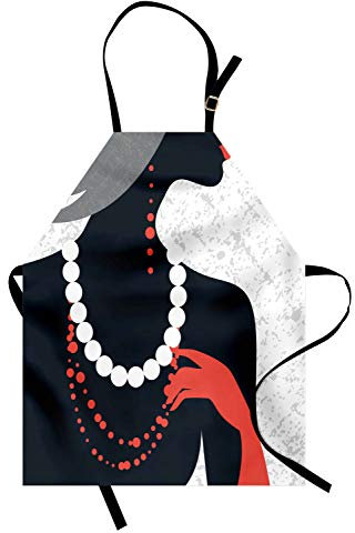 ABAKUHAUS Weinlese-Frau Kochschürze, Flaches Design-Schattenbild-Dame Wearing Pearl Necklaces und -Handschuhe, Höhenverstellbar Klare Farben ohne verblassen, Zinnoberrot Schwarz