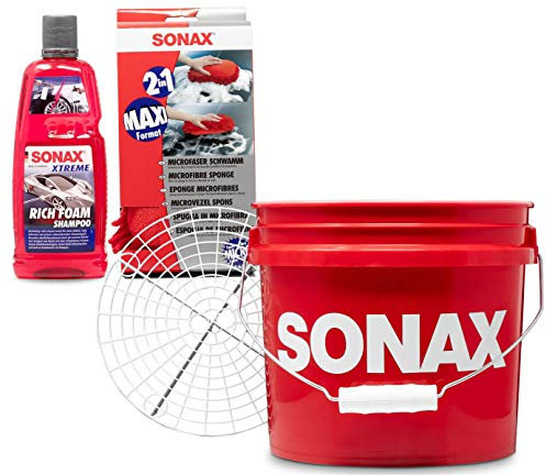 Detailmate - SONAX Auto Handwäsche Set: Sonax GritGuard Wascheimer, 13 Liter (3,5 Gallonen) + GritGuard Schmutz Einsatz + Sonax Rich Foam Aktivschaum Shampoo + Microfaser 2in1 Schwamm
