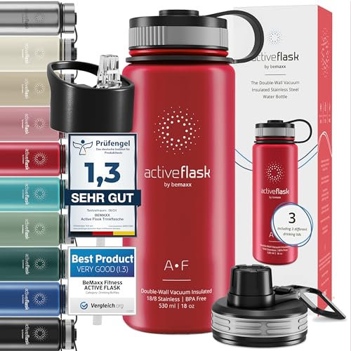 Gourde Inox Isotherme ACTIVE FLASK 1l/500ml sans BPA + Paille (3 Bouchons) | Bouteille d’eau Acier Inoxydable Isolée, Thermos Réutilisable | Camping Velo Sport Running Randonnée Enfant, Café The
