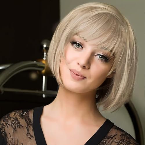 Becus Blonde Perücke Dame Gerade Kurze Bob Perücke mit Fransen Hitzebeständige Faser Synthetische Perücken Simulierte Kopfhaut Natürlich Aussehend (California Blonde)