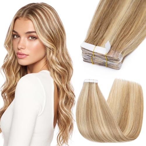 Silk-co Tape Extensions Echthaar 10 Stück 20g, Remy Tape in Extensions Haarverlängerung, Skin Weft Echthaar Haarextensions für dünnes Haar 35cm #12P613 Goldenbraun mix Bleichblond