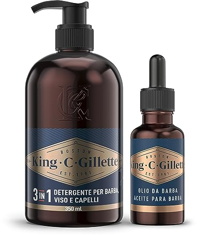 King C. Gillette Kit Barba Uomo con Olio Barba, Detergente Viso, 30 e 350ml