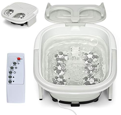 COSTWAY Bain de Pieds avec Mise à Température de l'Eau (Gris) | Massage Pieds avec Vibration des Bulles, Thalasso Pieds à Cuve Repliable avec Télécommande et Trous de Drainage