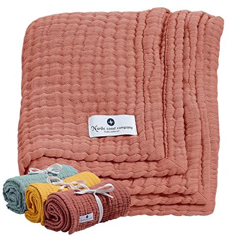 Baby Musselindecke von Nordic Coast Babydecken Musselin Decke Mulltücher Pucktücher Einschlagdecke ab Geburt kuschelig weich atmungsaktiv Puckdecke Krabbeldecke Spucktuch braub Kupfer, 80x80cm