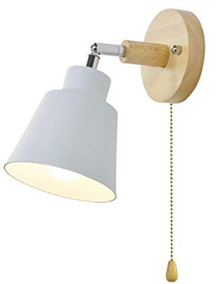 WRMING Indoor Wall Lights with Pull Cord Switch, Modern Wood Wall Lamp Rotatable, Children's Room Bedside Lights, Aluminum Wall Sconce Lamp for Bedroom, Corridor, Study Room, Kitchen, Bar, E27,White